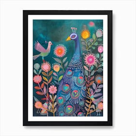 Peacock In The Flowers With A Bird Flying Art Print