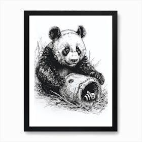 Giant Panda Cub Playing With A Beehive Ink Illustration 3 Art Print