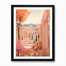 Athens Greece 2 Vintage Pink Travel Illustration Art Print