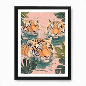 Three Tigers Swimming In The Water Art Print