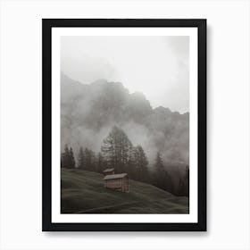Foggy Hillside Cabins Art Print