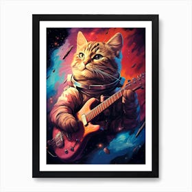 Cat Playing Guitar In Space Art Print