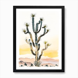 Joshua Trees At Dawn In Desert Minimilist Watercolour  (2) Art Print