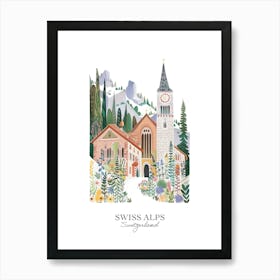 Swiss Alps Switzerland Gouache Travel Illustration Art Print