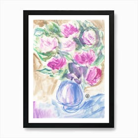 Pink And Magenta Roses - watercolor floral flowers hand painted vertical Art Print