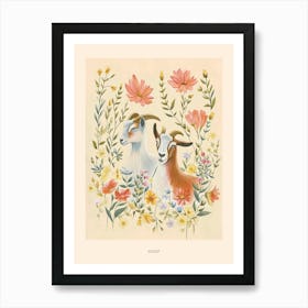 Folksy Floral Animal Drawing Goat 3 Poster Art Print