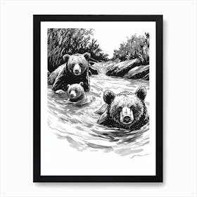 Malayan Sun Bear Family Swimming In A River Ink Illustration 1 Art Print