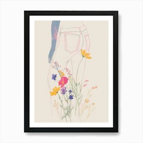 Floral Blue Jeans Line Art 9 Art Print