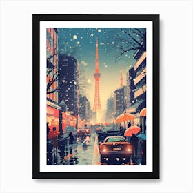 Winter Travel Night Illustration Tokyo Japan 1 Art Print