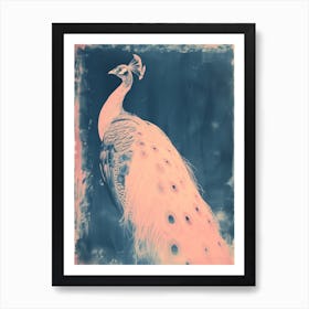 Pink & Blue Cyanotype Peacock Portrait Art Print