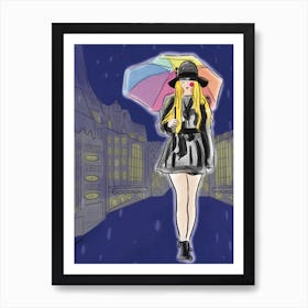 Girl With Rainbow Umbrella Walking Trough The Rainy Night Art Print
