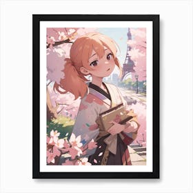 Anime Girl In Cherry Blossoms in Paris Art Print