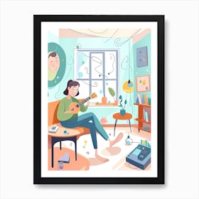 Girl Playing Ukulele In The Living Room Art Print