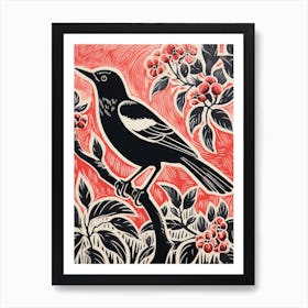 Vintage Bird Linocut Magpie 1 Art Print