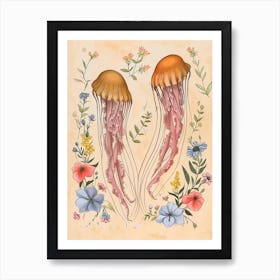 Folksy Floral Animal Drawing Jellyfish 4 Art Print