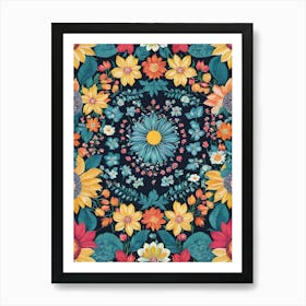 Blue Botanical Flowers and Mandala Pattern - Navy Background Like Amy Butler and William Morris Fabric Print For Lunar Pagan Gallery Feature Wall Floral Botanical Hippie Bohemian Lover HD Art Print