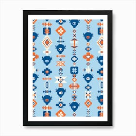 American Buffalo and Aztec Lines Light Blue, Blue, Orange Art Print