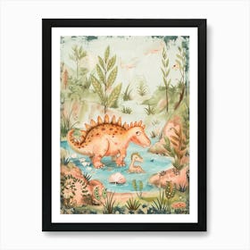 Cute Dinosaur Parent & Baby Dinosaur Bathing In The Lake Storybook Painting Art Print