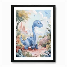 Blue Cute Dinosaur In A Rocky Landscape Storybook Style Art Print