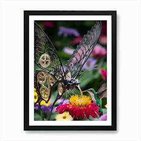 mechanical butterfly vibrant flower tiny hummingbird enchanting atmosphere Art Print