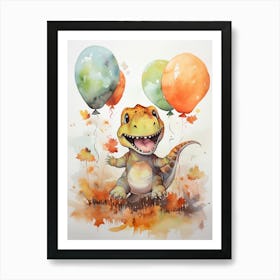 Dinosaur T Rex Flying With Autumn Fall Pumpkins And Balloons Watercolour Nursery 1 Art Print