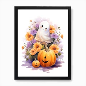 Cute Ghost With Pumpkins Halloween Watercolour 114 Art Print