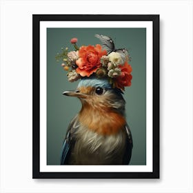 Bird With A Flower Crown European Robin 1 Art Print