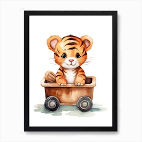 Baby Tiger On A Toy Car, Watercolour Nursery 0 Art Print