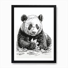 Giant Panda Cub Playing With A Fallen Leaf Ink Illustration 1 Art Print