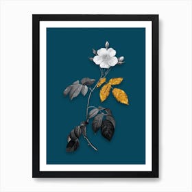Vintage Big Leaved Climbing Rose Black and White Gold Leaf Floral Art on Teal Blue Art Print