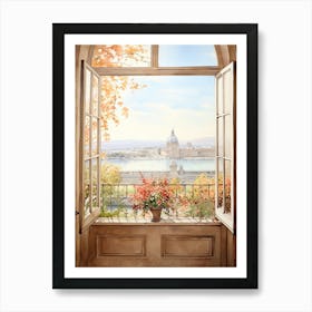 Window View Of Geneva Switzerland In Autumn Fall, Watercolour 3 Art Print