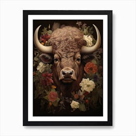 American Bison With Rustic Flowers 3 Art Print