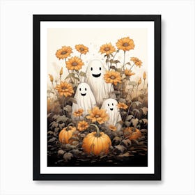Cute Bedsheet Ghost, Botanical Halloween Watercolour 48 Art Print