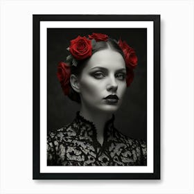 Gothic Girl With Red Roses Art Print