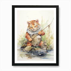 Tiger Illustration Fishing Watercolour 3 Art Print