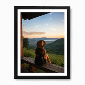 Woman Exuding A Sense Of Freedom While Sitting On A Wooden Porch Overlooking A Vast Hill And Sky Th (6) Art Print