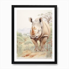 Rhino Walking Through Nature Vintage Illustration 4 Art Print