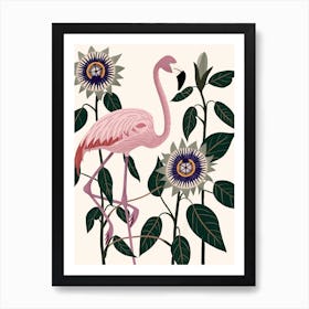 Lesser Flamingo And Passionflowers Minimalist Illustration 4 Art Print