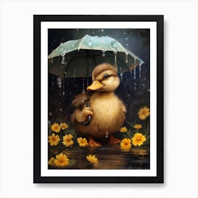 Duck With An Umbrella & Flowers Painting 1 Art Print
