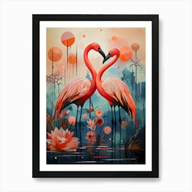 Flamingos In Love Art Print