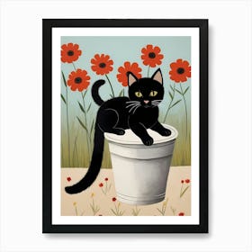 Floral Black Cat Painting (49) Art Print