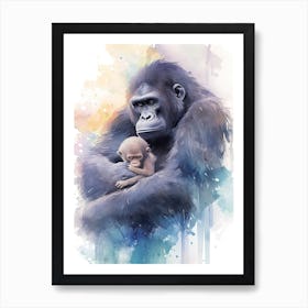 Baby And Mama Gorilla Art Watercolour Nursery 4 Art Print