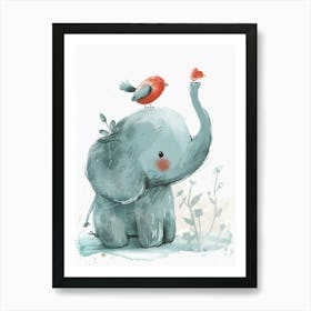 Small Joyful Elephant With A Bird On Its Head 2 Art Print
