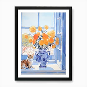 Cat With Peacock Orchid Flowers Watercolor Mothers Day Valentines 3 Art Print