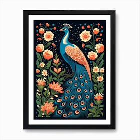 Vintage Bird Linocut Peacock 3 Art Print