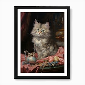 Cat With Jewels Rococo Style Painting 1 Art Print