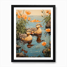 Ducklings In The Flowers Japanese Woodblock Style 2 Art Print