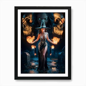 Sexy Beautiful Witch with Fireballs Painting #7 Art Print