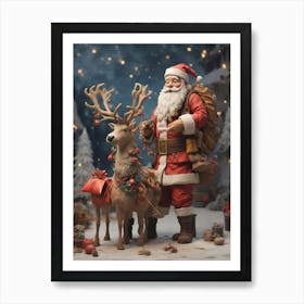 Santa Claus And Reindeer Art Print