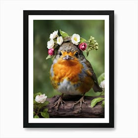 Robin In Flower Crown Poster